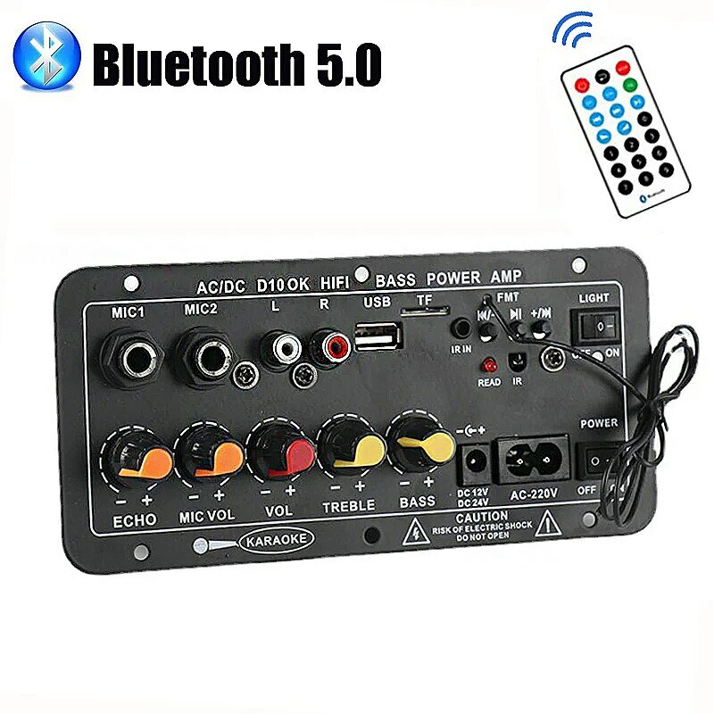 Placa amplificadora Digital con Bluetooth, Subwoofer de 220V y 12V, micrófono Dual, amplificador de Karaoke, altavoz para cine en casa, versión recargable DIY