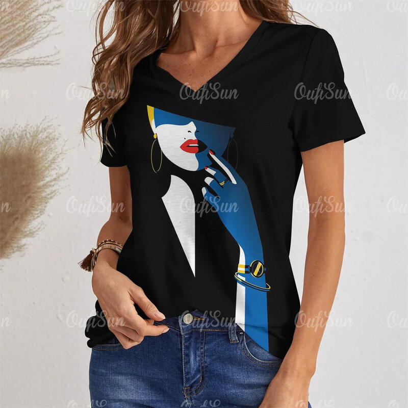 Fashion Women's T-shirts Abstraction Short Sleeve Tees Tops Elegance V Neck Female Clothing Loose Plus Size Simplicity Pullover