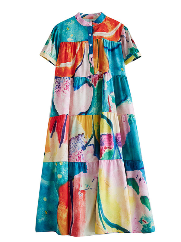 XITAO gaun kasual lengan pendek wanita, gaun bercetak kerah berdiri Fashion warna kontras longgar musim panas LYD1902