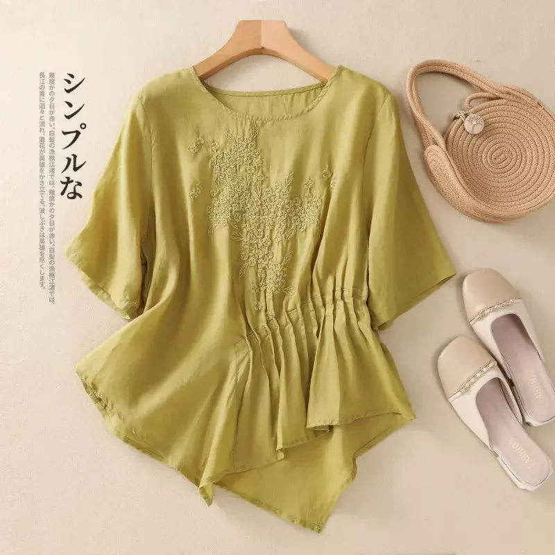 YCMYUNYAN-camisa de lino y algodón de estilo chino para mujer, blusa Vintage bordada, Tops cortos holgados, ropa de cuello redondo
