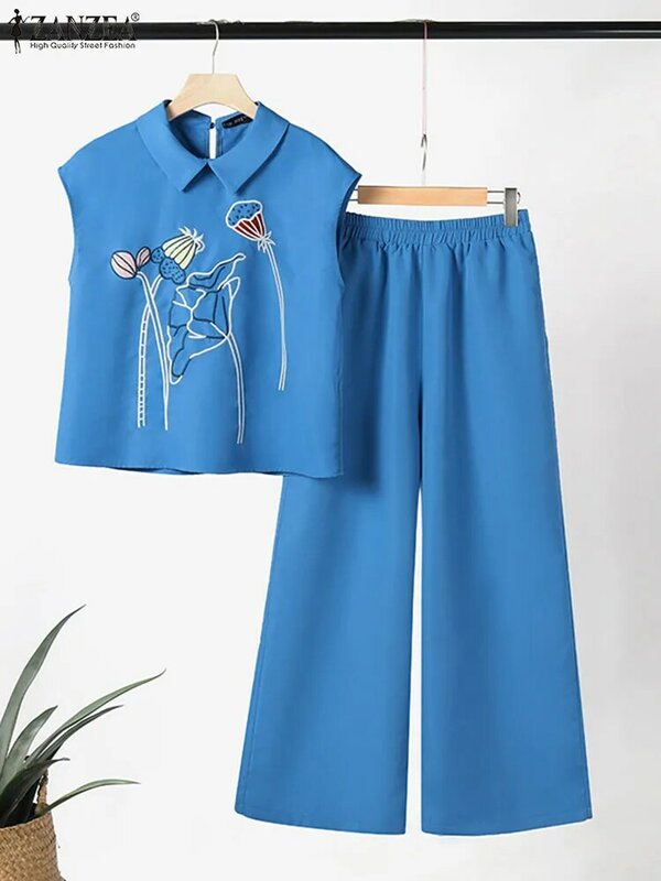 ZANZEA-calças e calças largas casuais para mulheres, tops bordados, roupas de treino de férias, roupas urbanas de 2 peças, moda verão, 2021