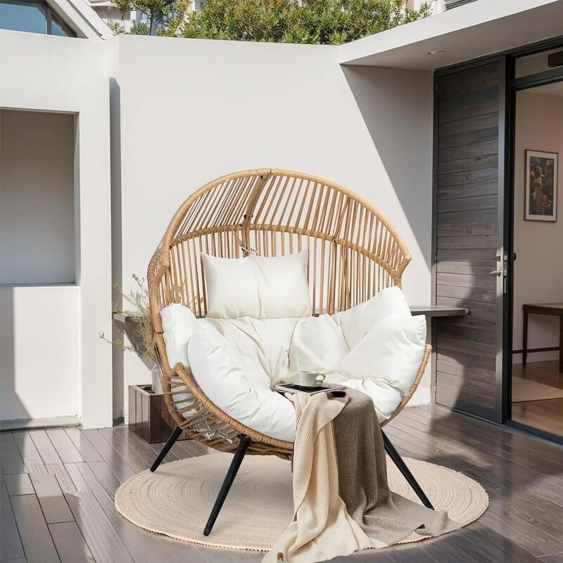 Outdoor Wicker Pátio Egg Cadeira com Almofada, Espreguiçadeira extragrande, Indoor Sala e Quarto