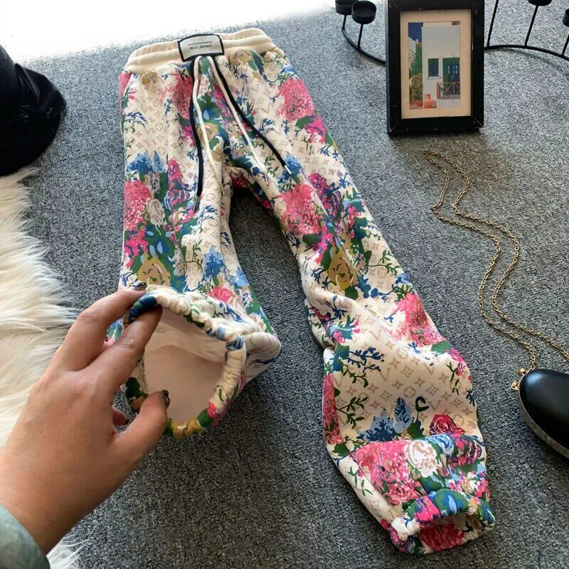 Spring Autumn Leisure Pants Women 2024 New Fashion    Loose Harem Pants Thicken Fleece Printing Elastic Waist Frenulum Pants Fem