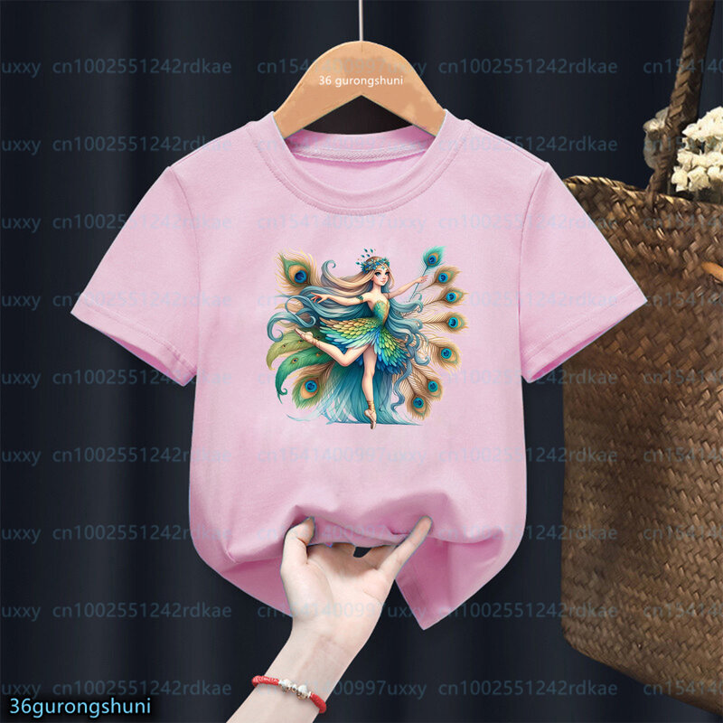 Nieuw Binnen 2024 Meisjes T-Shirt Sprookjes Lente Pauw Fee Meisje Grafische Print T-Shirt Kinderen Zomer Schattige Kinderkleding