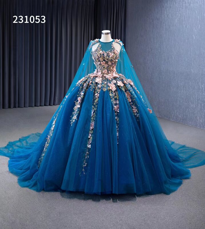 pearls pink 3d flowers party ball gown blue colour ball gown suft tulle dress wear