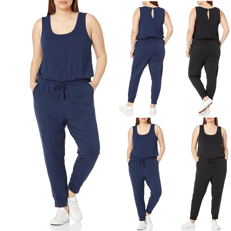 Tank Jumpsuits Summer New Daily Casual Jumpsuits Solid Color All-Match Drawstring Waist Leisure Sports Skinny Jumpsuits