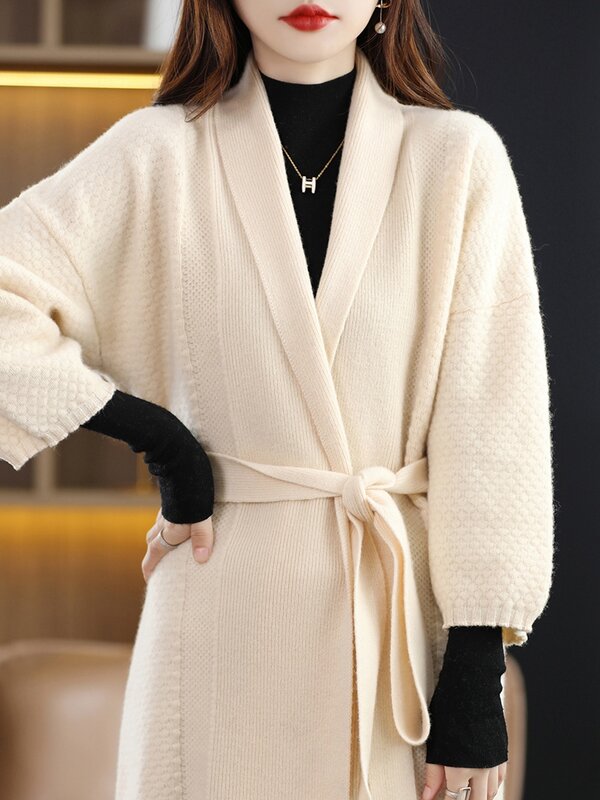 Кашемировый кардиган, женский длинный модный свитер с V-образным вырезом, длинное пальто из 100% мериносовой шерсти, плотное пальто на осень и зиму