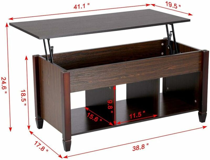 Table basse avec compartiment et étagère cachés, table basse rétro avec élévateur pour salon, expresso
