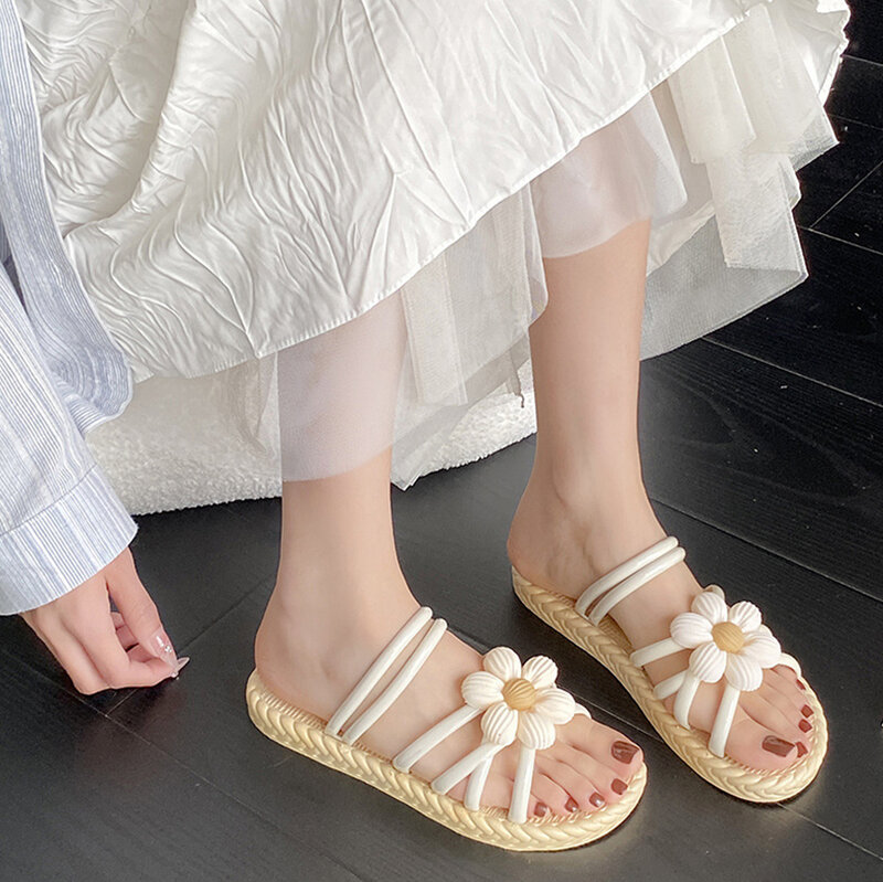 2024ใหม่รองเท้าผู้หญิงลายดอกไม้รองเท้าแตะสานสไตล์โรมัน, รองเท้าแฟชั่นสไตล์ชาติพันธุ์สบายๆรองเท้าแตะชายหาด