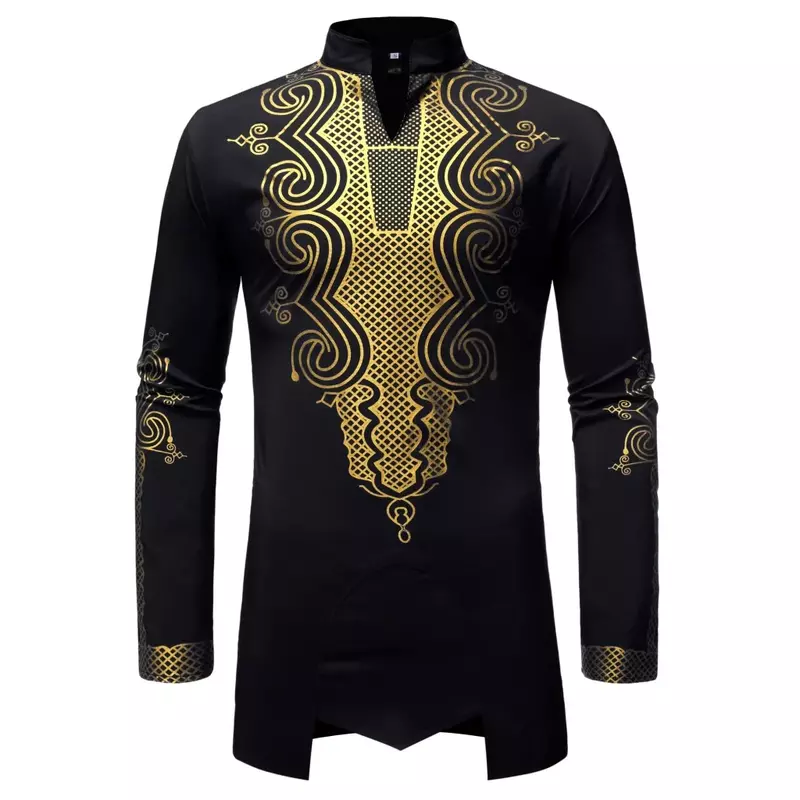 Camisa africana negra para hombre, ropa de calle informal de lujo con estampado dorado metálico, 2024