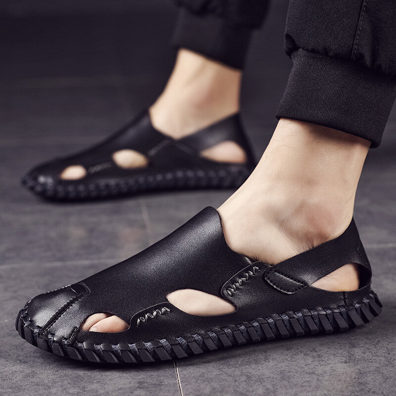 Męskie sandały letnie z wydrążonymi męskie buty na co dzień miękkie szwy sandały Baotou modne skórzane sandały antypoślizgowe buty na plażę dla mężczyzn