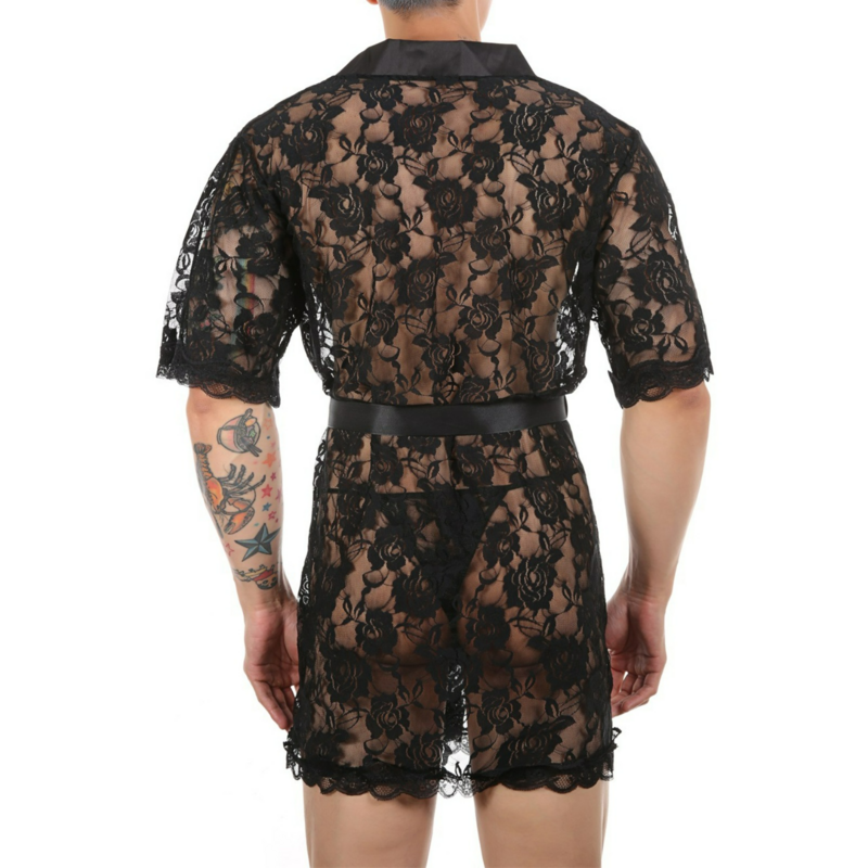 Męski uwodzicielski koronkowy pasek z siatki przeźroczysty seksowny szlafrok z piżamami przejrzeć strój plażowy długa suknia szlafrok