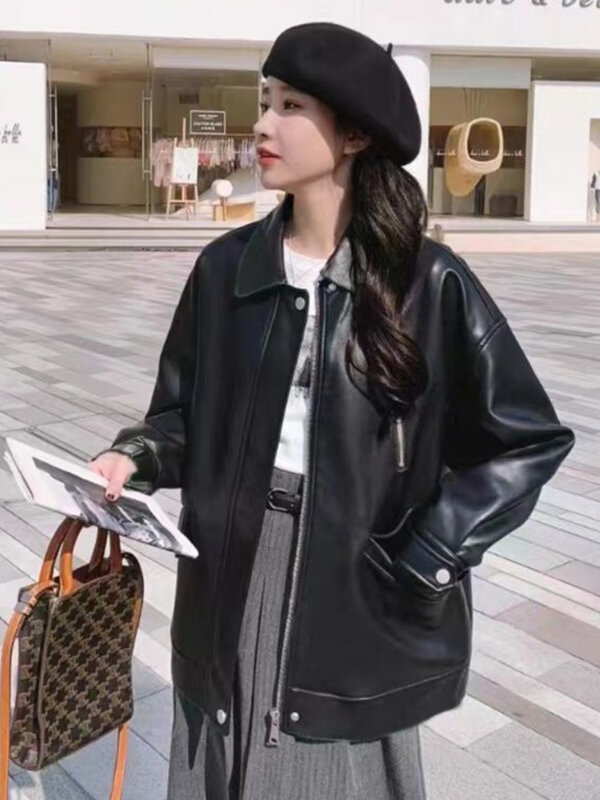 Spring Autumn Leather Coat Women Zip Motorcycle Jacket Streetwear American Vintage PU Leather Coat Loose Windproof Windbreaker