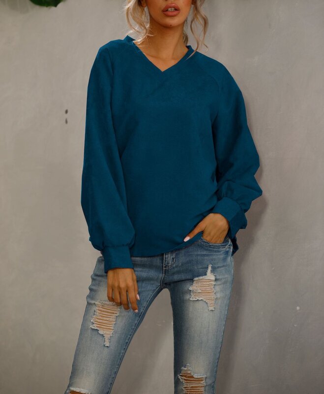 여성 브이넥 코듀로이 티셔츠, 단색 풀오버, 루즈핏 긴 랜턴 소매 스웻셔츠, 봄 가을 신상