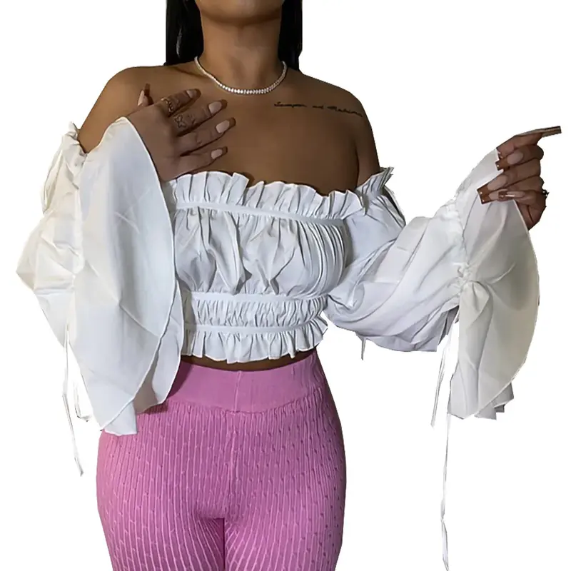 Women's 2023 Summer New Off Shoulder Pleated Chiffon Sweater Pullover Top