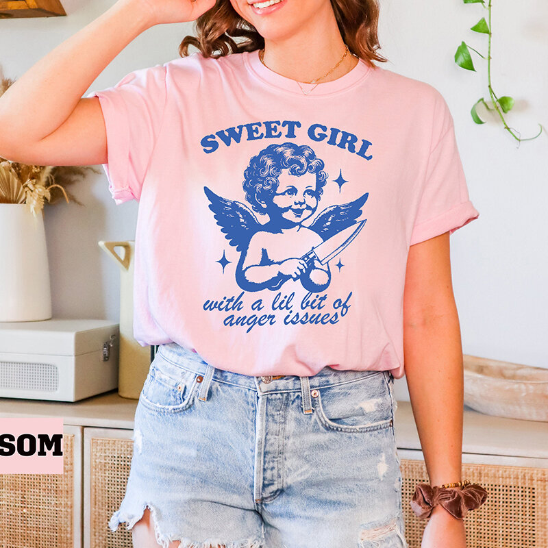 Camiseta solta de algodão O pescoço das mulheres, menina doce com um pouco de raiva, T gráfico engraçado, roupas Kawaii anjo
