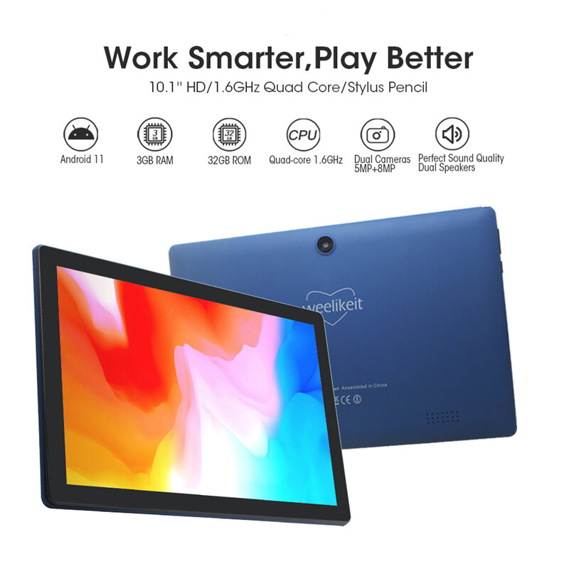 weelikeit Tablet 10.1'' Android 11 3GB RAM 32GB ROM 1280x800 IPS Ultrathin Tablets PC A133 Quad Core AX Wifi-6 with Case F11W