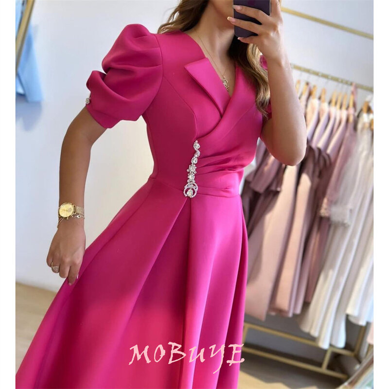 MOBUYE 2024 Popular V Neckline Prom Dress Knee-Length With Short Sleeves Evening Fashion Elegant Party Dress For Women