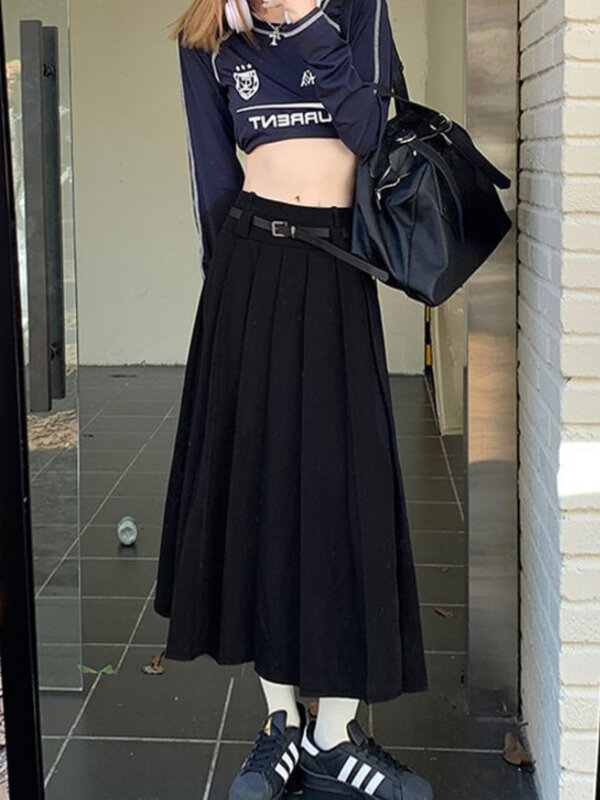 HOUZHOU Korean Vintage Pleated Skirt Long Women Autumn Low Rise Preppy Style Casual A-Line Midi Skirt for Girls 90s Streetwear