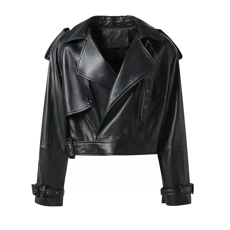 Women's Real Leather Jacket Motocycle Turn Down Collar Coat Lady Fashion Streetwear Leather Coat with Belt