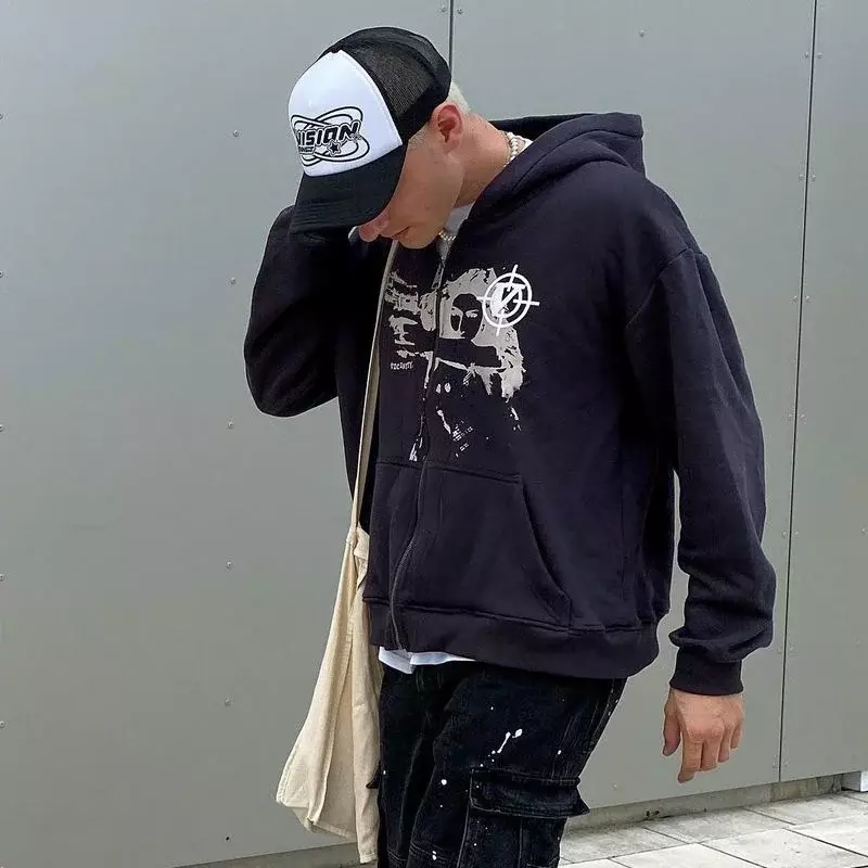 Harajuku Stil Hoodie Aussage Brief druck Muster Langarm Reiß verschluss Strickjacke Sweatshirt Streetwear Y2k Top Paar Jacke