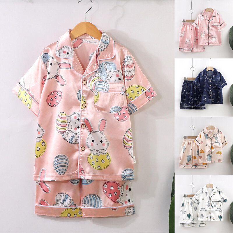 Pijama infantil estampado para desenhos animados, conjunto de camisa e shorts finos com lapela curta, moda doméstica de verão, meninos e meninas