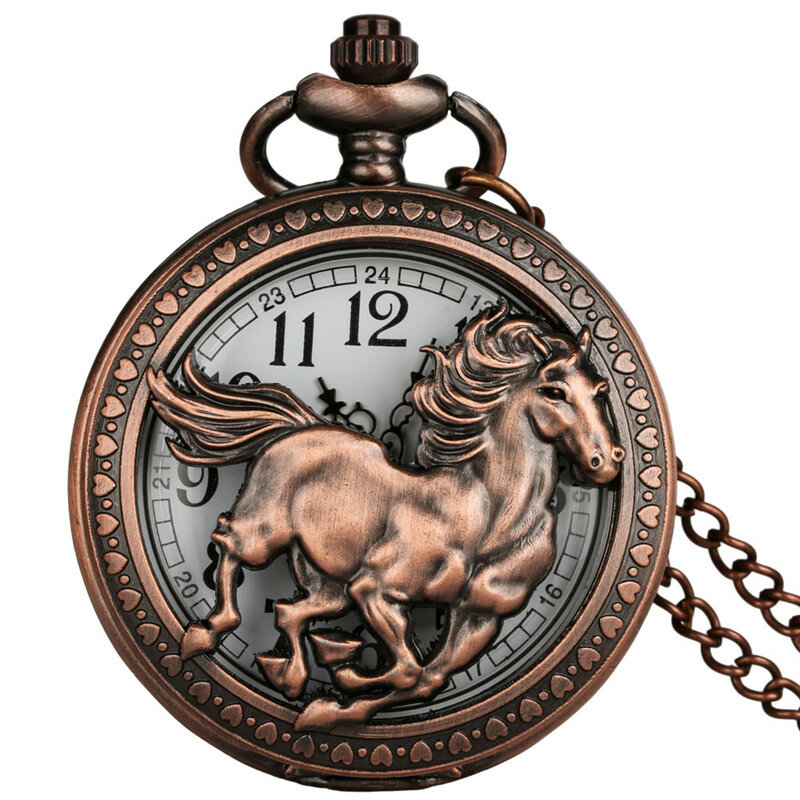 Reloj de bolsillo analógico para hombre y mujer, cronógrafo de cuarzo con diseño de caballo, Animal hueco Vintage, collar de oro rosa, cadena colgante, reloj coleccionable