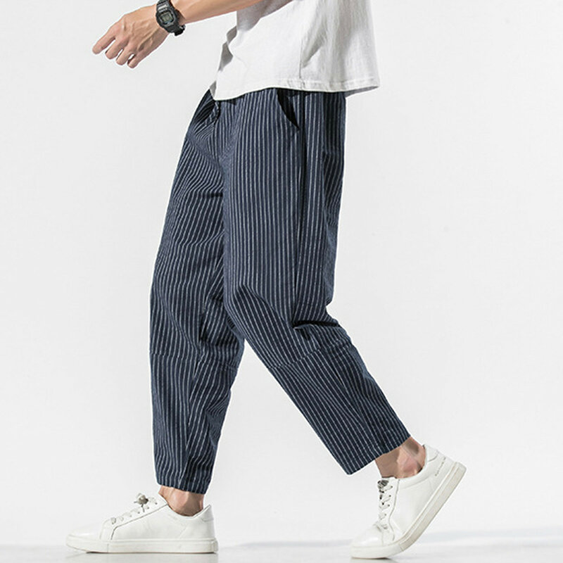 Modne spodnie w paski dla mężczyzn Luźne bawełniane spodnie lniane w stylu chińskim Spodnie dresowe z szerokimi nogawkami Spodnie pełnej długości