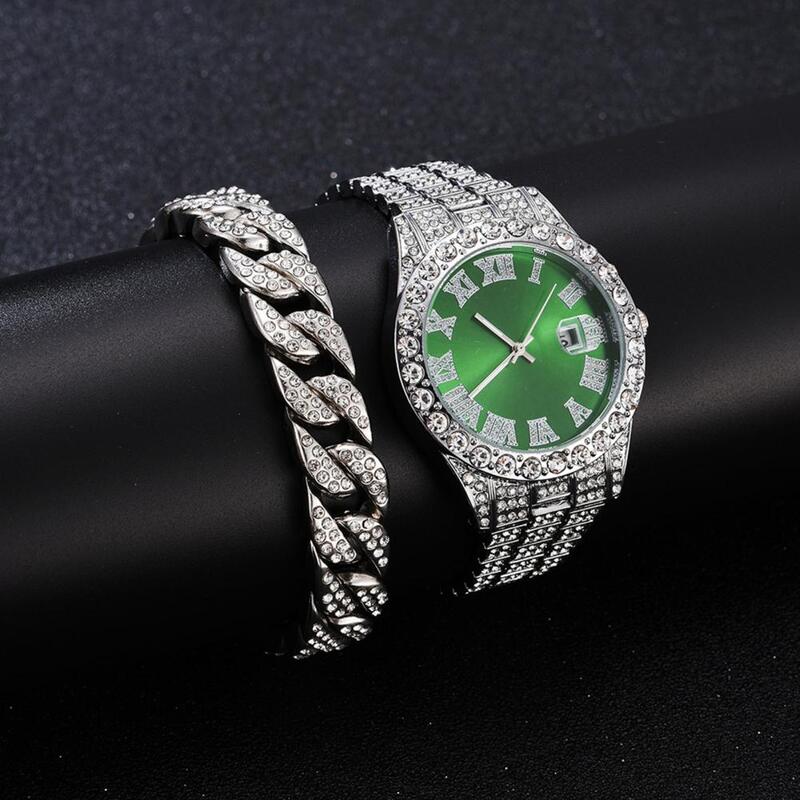 Sparkling Party Watch Luxury Rhinestone Men's Watch Bracelet Set with Metal Strap Accurate Round Dial Business Quartz for Him