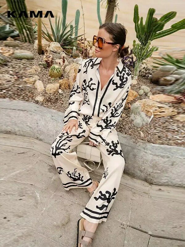 Fashion Stain Print Lapel Blouse Pant Suit Elegant Casual Loose Wide Leg Long Pants Set 2024 Spring Summer Vacation Outfit