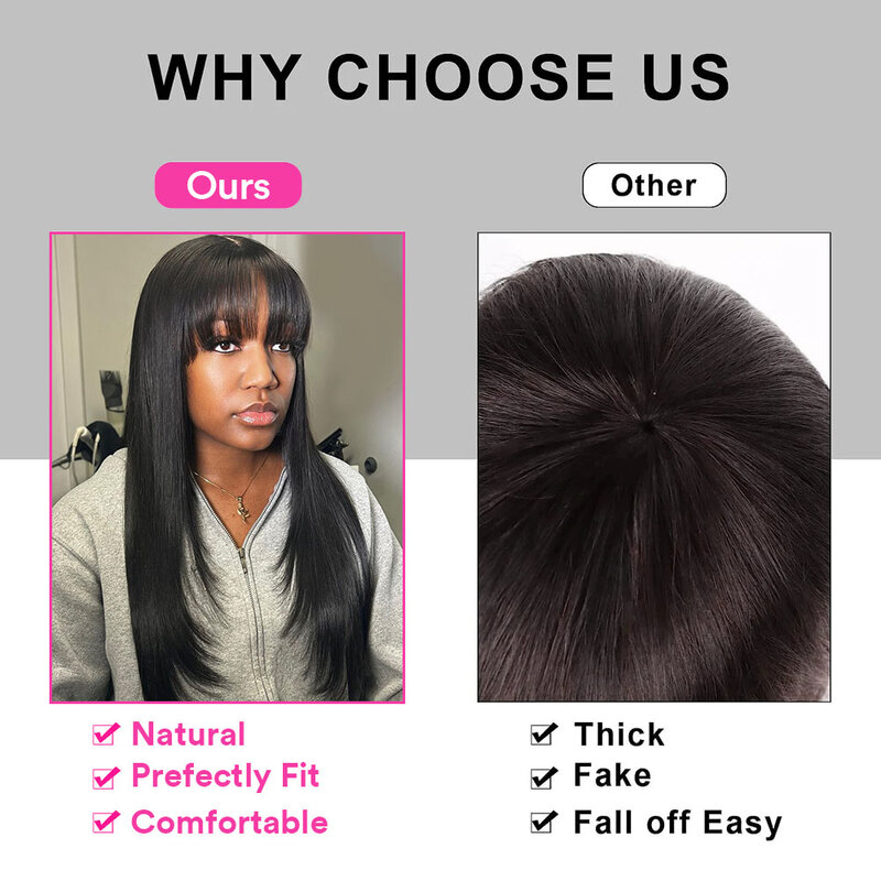 Peluca de cabello humano liso con flequillo para mujer, pelo Natural con encaje de parte media 3x1, sin pegamento, ideal para usar y salir, opción 100%
