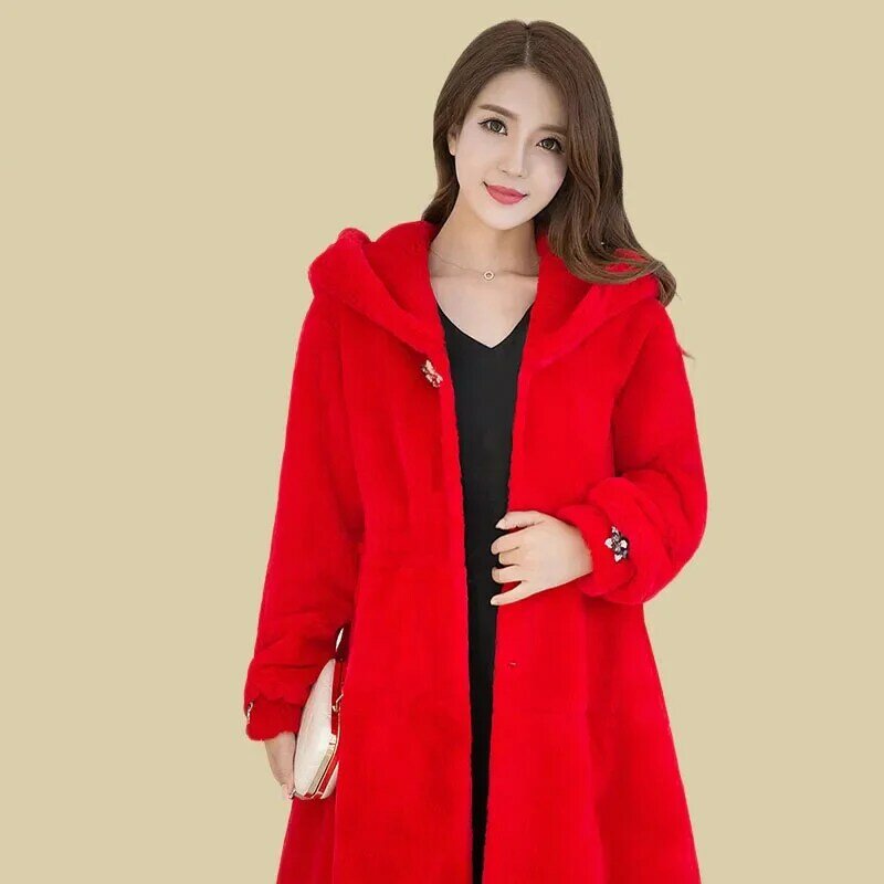 Women Faux Mink Fur Coat Autumn Winter New Female Mid length Hooded Fur Overcoat Femme Fashion Fur Windbreaker Thickening