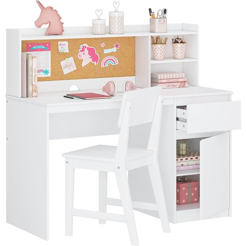 Mesa de estudio de madera para niños, escritorio de estudio con silla, juegos de sillas con hucha y gabinete de almacenamiento para niños