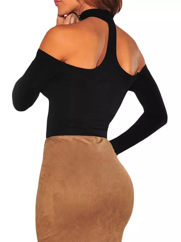 Bodysuit monocromático com pescoço halter feminino, macacão de manga comprida, streetwear fora do ombro