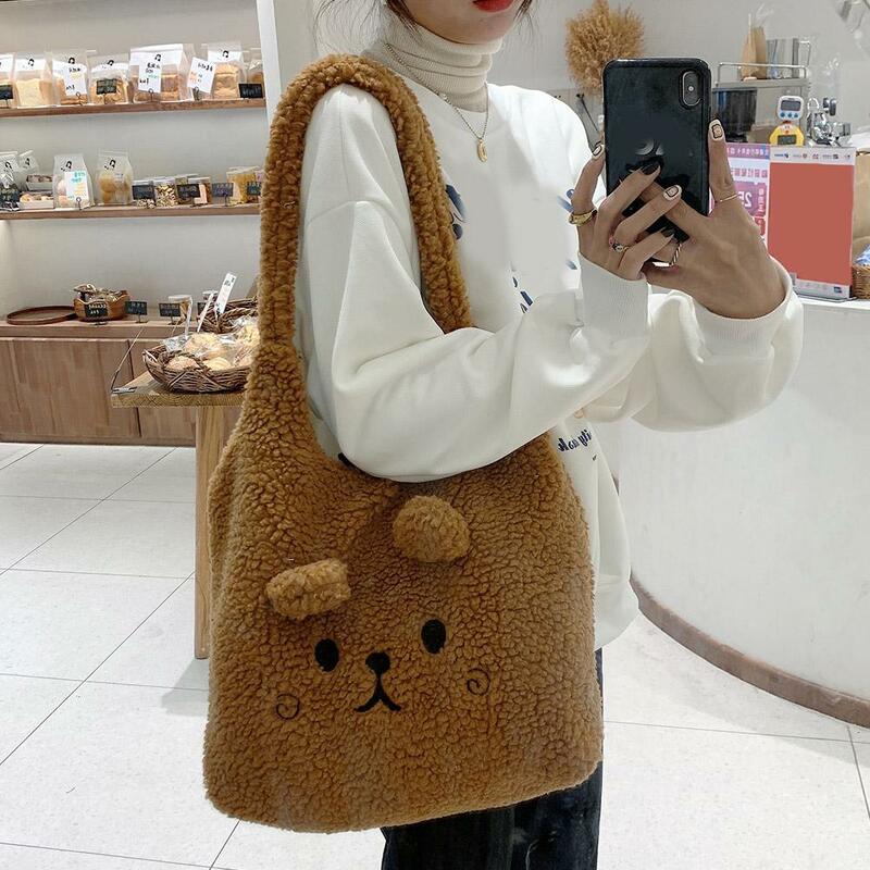 Winter Soft Plush Tote Bag Women Cartoon Embroidery Imitation Lamb Hair Shoulder Bag For Women 2023 Shopper Bag