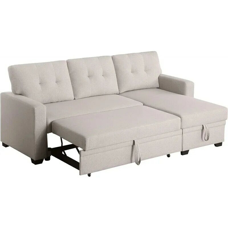 82" L-Shape Convertible Sleeper Sectional Sofa, w/Storage Chaise & Pull-Out Bed, Linen Upholstered Reversible Corner 3 Perso