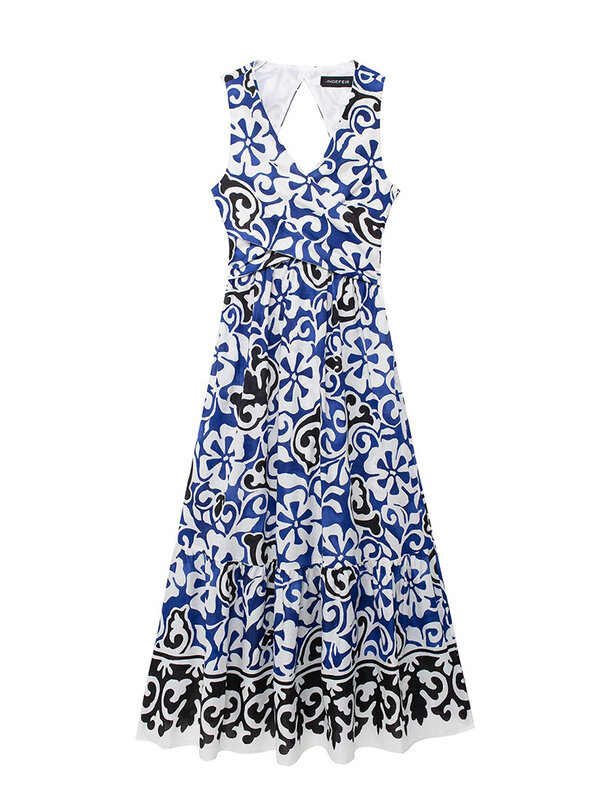 Mode bedrucktes Kleid für Frauen Eleganz schicker V-Ausschnitt ärmellose Kontrast farbe A-Linie Mid Calf Kleider Sommer neu xx314