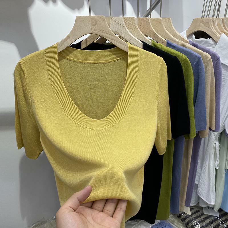 Fashion O-Neck Knitted Solid Color Short Sleeve T-Shirts Women's Clothing 2024 Summer New Slim Korean Tops Commuter Tee Shirt