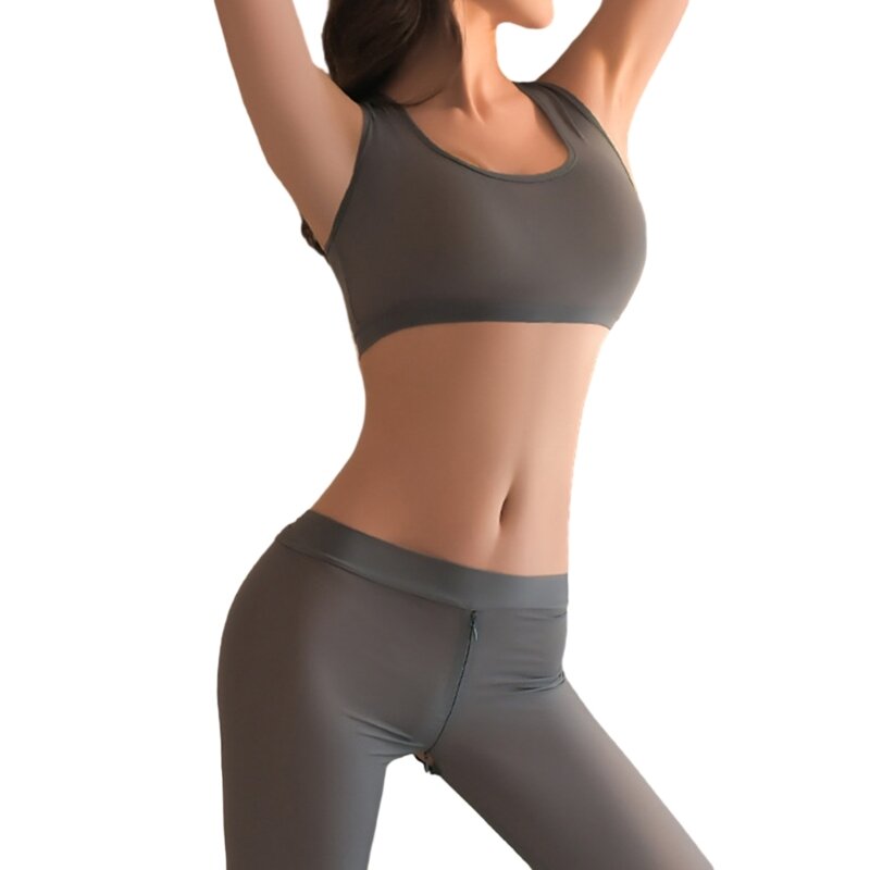 Workout Outfits for Women Crop Tops Zipper Crotch High Waist Yoga Leggings Sets Sexy Lingerie Sleepwear