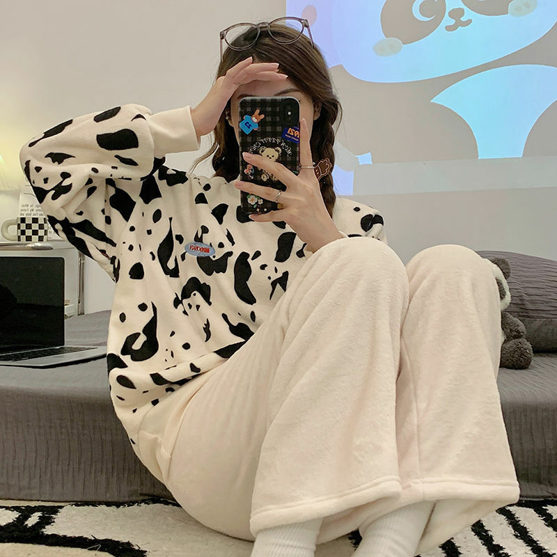 Осень-зима, простой тонкий бархатный пижамный комплект, Женская милая Пижама с круглым вырезом и коралловым бархатом, 2024, повседневный фланелевый домашний костюм