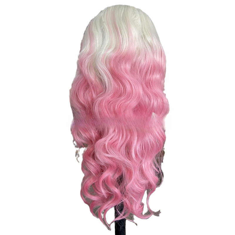 Blonde to Pink Ombre Pink Wig Body Wavy Synthetic Lace Front Wig Natural Long Hair Heat Fiber Cosplay Makeup Women Use