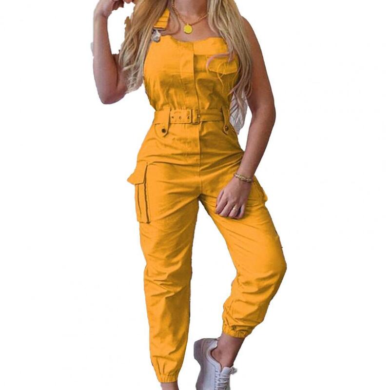 Macacão de tornozelo feminino amarrado, roupa sem mangas, macacão bolsos de cintura alta, macacão verão, alça de ombro