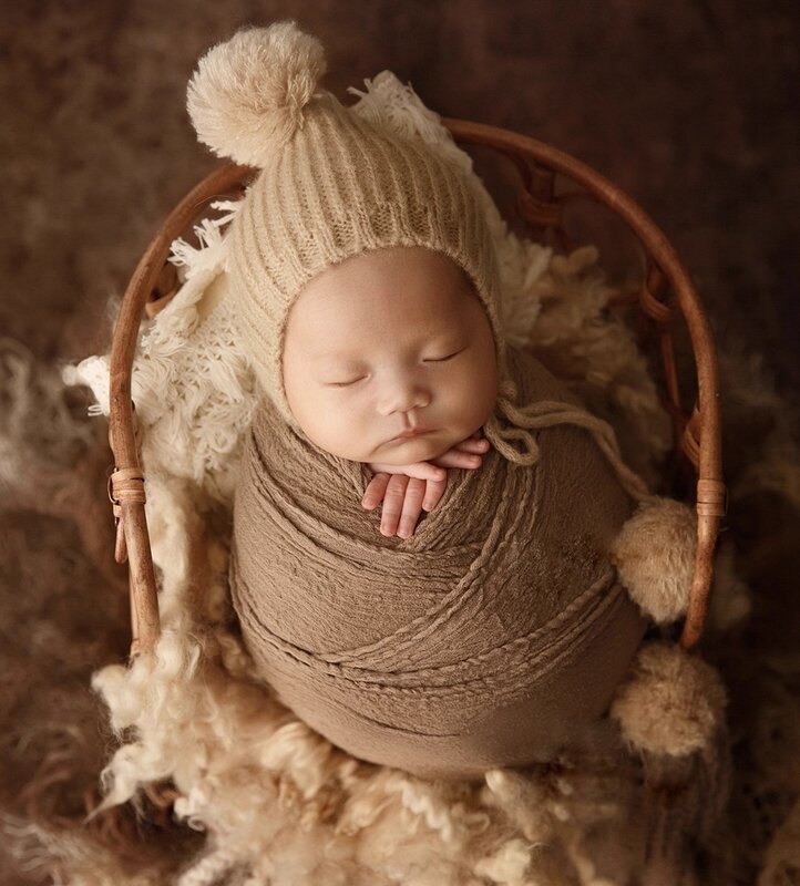 Fascia per bebè in cotone per oggetti di scena fotografici cuscino per neonato in macramè cappello lavorato a maglia strato fotografico per neonato accessori per servizio fotografico per bambini