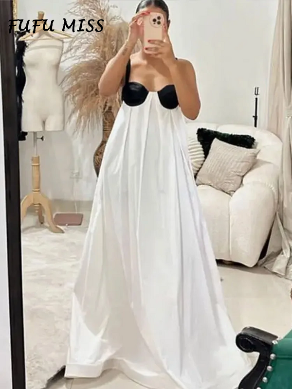 Women Backless Contrast Strap Dresses Loose Lace Up Off Shoulder Sleeveless Slip Dress 2024 Summer Party Holiday Lady Robes