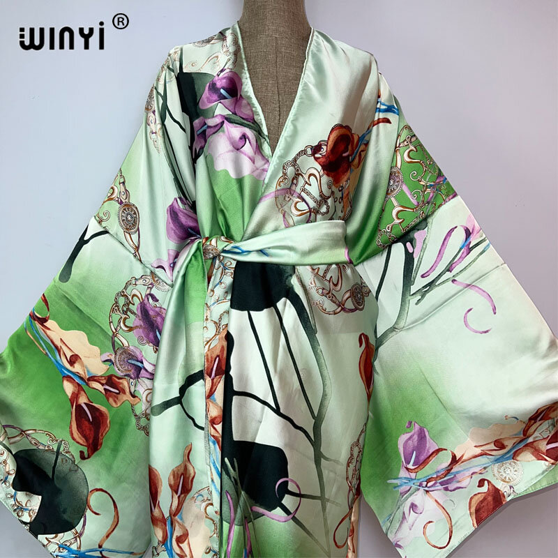 WINYI-quimono com cinto próprio para mulheres, coberturas de biquíni, roupas domésticas, vestidos de férias, roupas de praia, roupas de verão