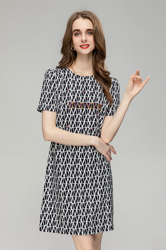Gaun Mini wanita lengan pendek, gaun Mini motif geometris berlian lengan pendek leher-o sederhana musim panas desainer mode baru