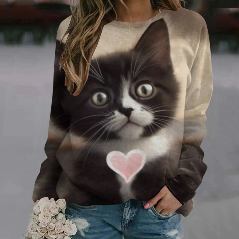 2023 Dames Sweatshirt Pullover T-Shirt Mode Kat Print Lange Mouwen Meisjes Straat Casual Dames Kleding Katoenen Shirts