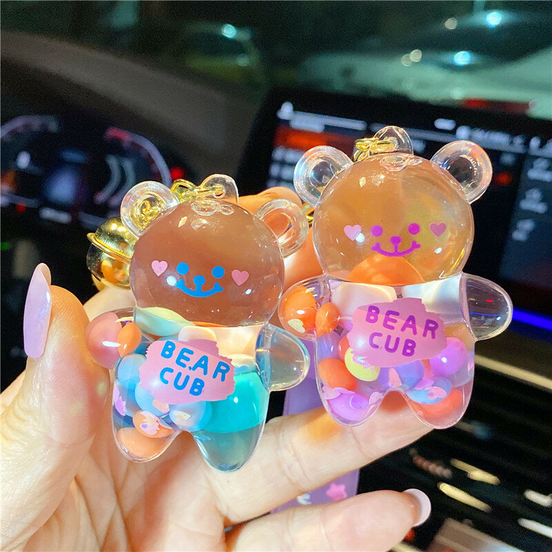 Cute Rainbow Oil Acrylic Bear Drift Bottle Pendant Creative Boutique Cartoon Car Chain Key Ring Ring Accessories Doll