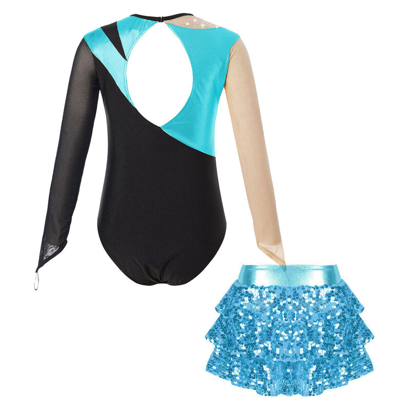Baju dansa balet anak perempuan, pakaian menari tokoh Skat senam akrobatik dengan payet berjenjang