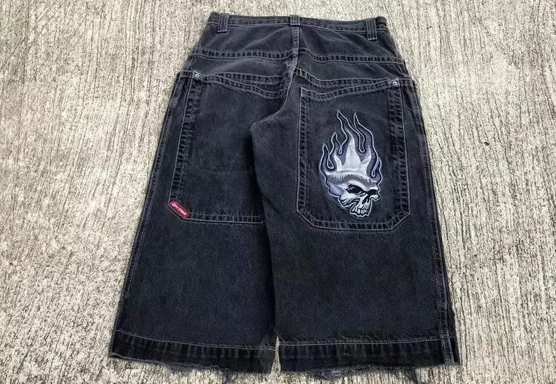JNCO-pantalones cortos con bordado de calavera Retro para hombre, holgados de Vaqueros cintura alta, estilo Hip Hop, Y2K, para gimnasio, color negro